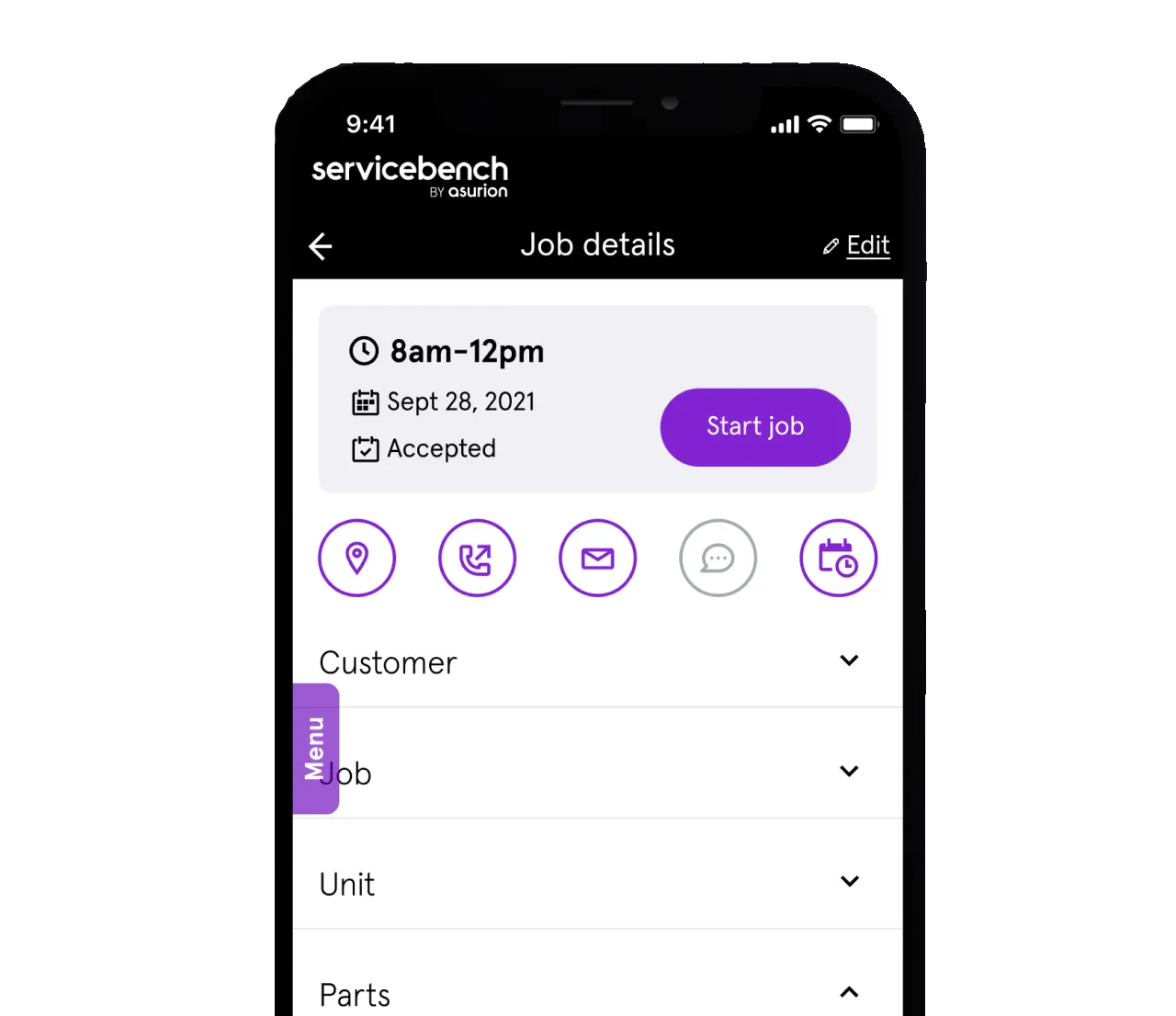 Smartphone displaying Servicebench by Asurion app with job details, schedule, and start job button
