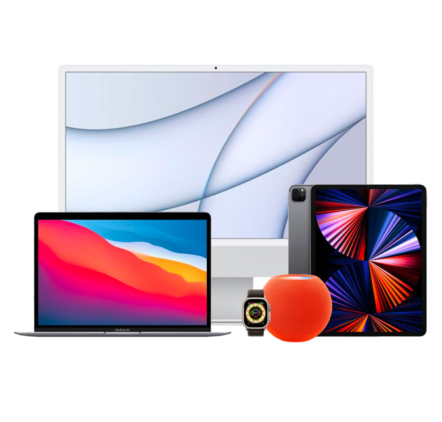 iMac, Macbook laptop, iPad, Apple Watch, HomePod