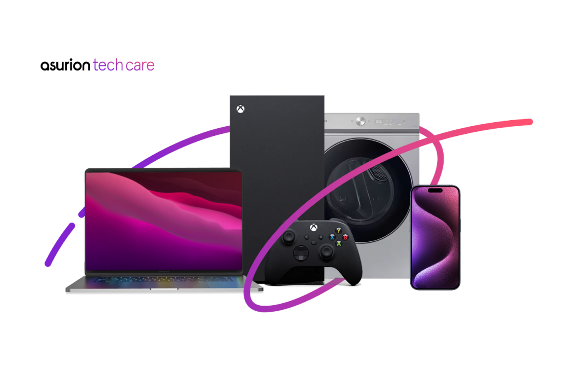 Laptop, gaming console, washing machine, controller, and smartphone representing Asurion Tech Care coverage