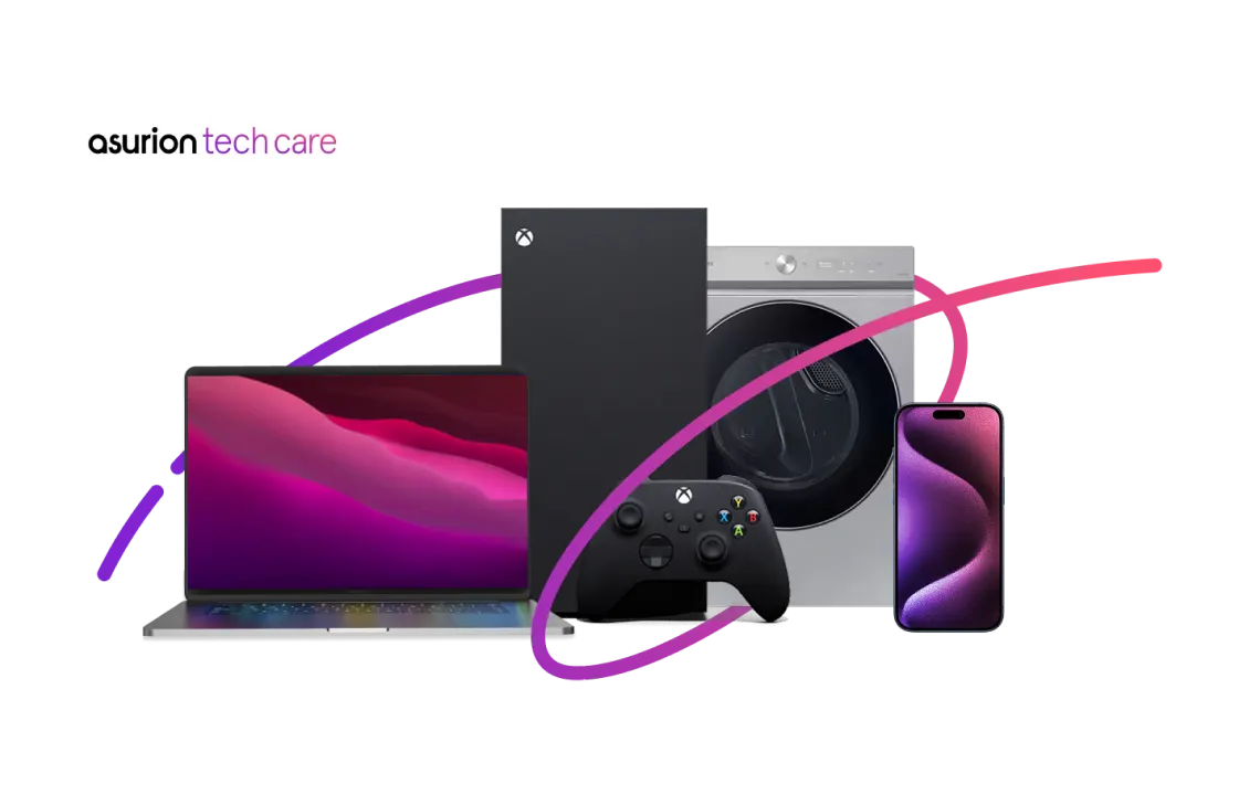Laptop, gaming console, washing machine, controller, and smartphone representing Asurion Tech Care coverage