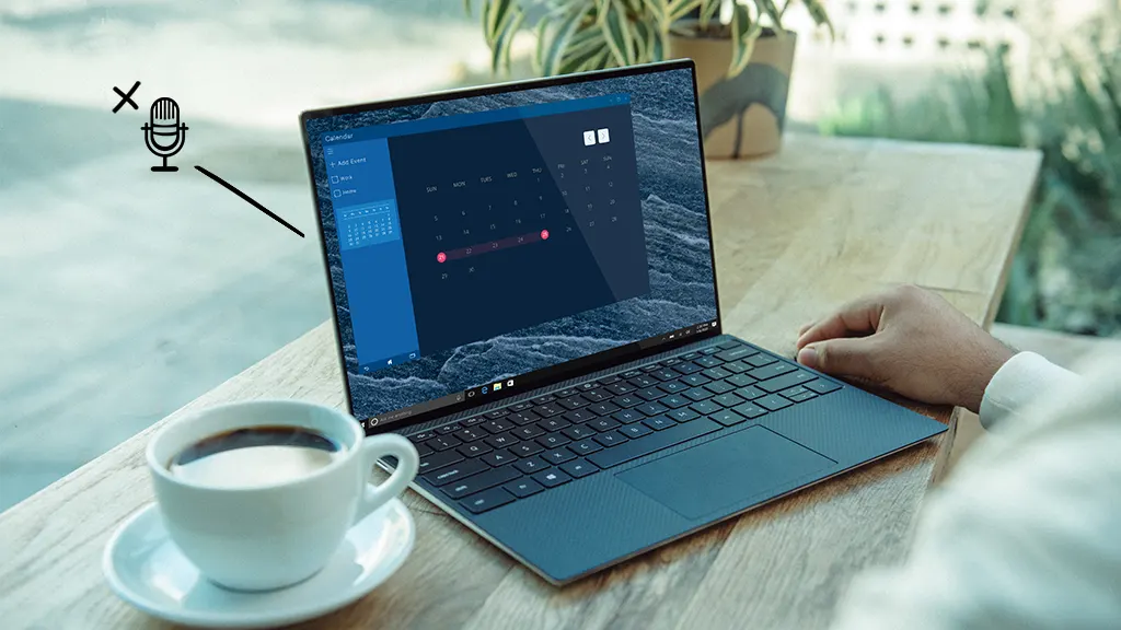 Image of laptop and coffee with a graphic of a microphone and X next to it.