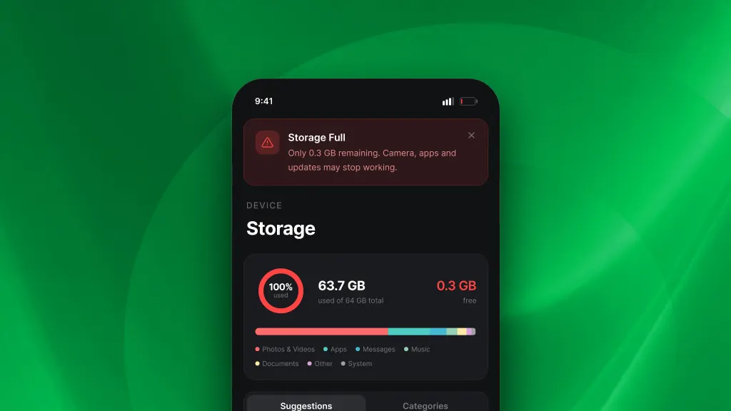 Isolated image on a green background of a phone showing the storage space of the device