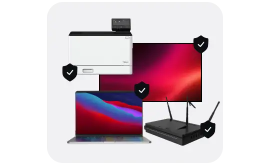 Printer, TV, router, and laptop with a protection shield icon