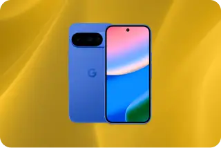 Blue Google Pixel smartphone showing the front and back on a yellow background.