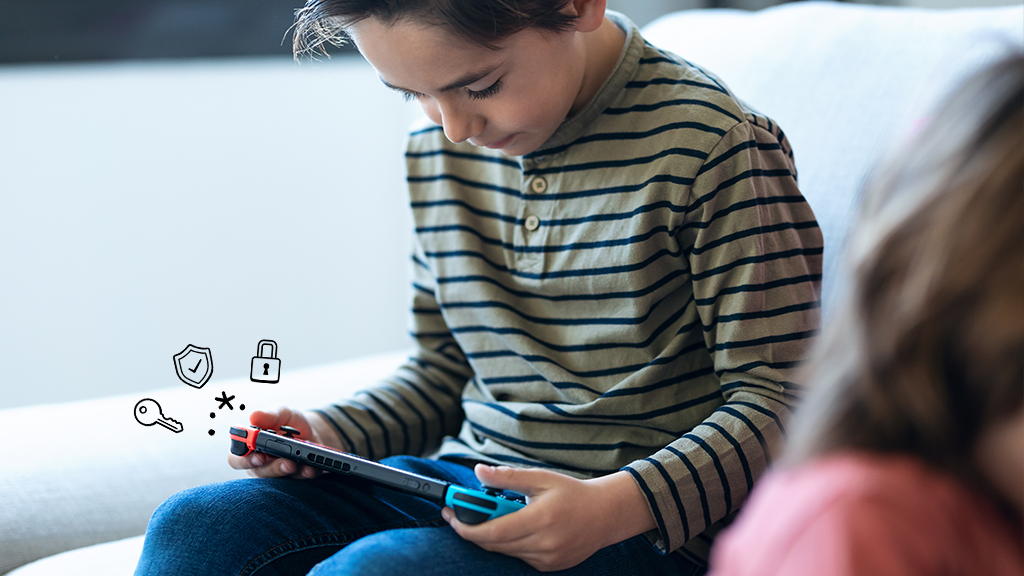 Child plays a Nintendo Switch with parental controls enabled.