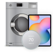 image of a washing machine, tablet, and smart thermostat