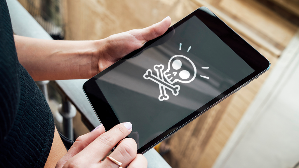 Android device with scary skull cartoon on screen 