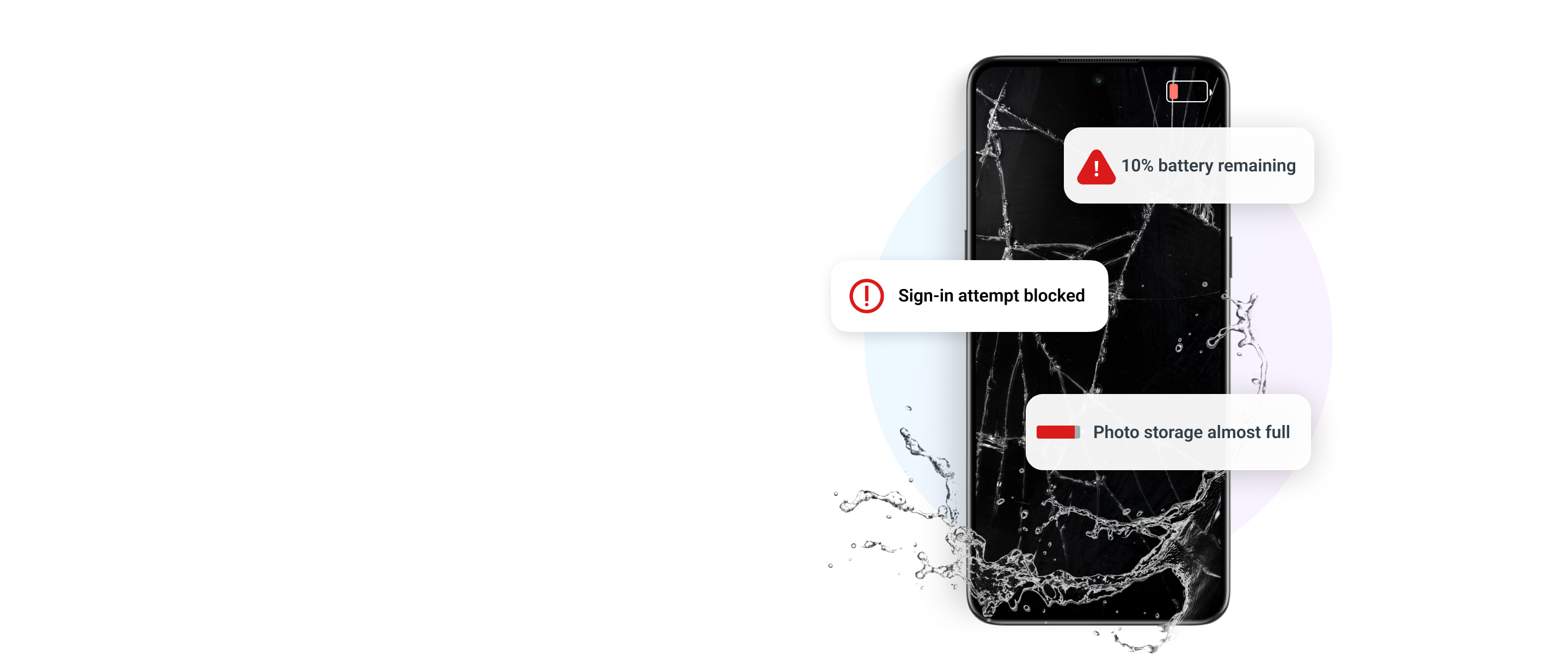 A wet and cracked phone with warning notifications for low battery, sign-in blocked, and photo storage almost full