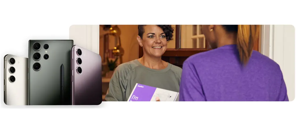 Woman answering door and phone icons 