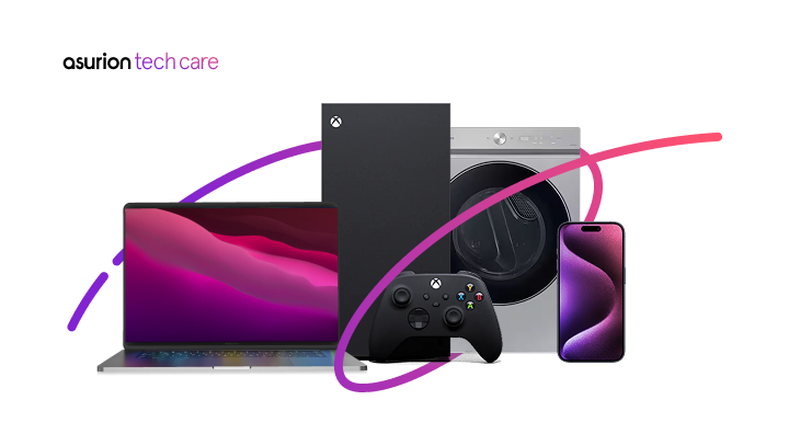 Laptop, gaming console, washing machine, controller, and smartphone representing Asurion Tech Care coverage