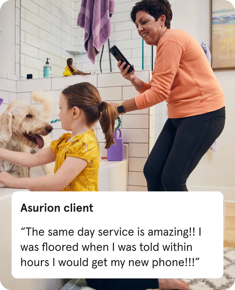 Woman using her phone while a child bathes a dog; testimonial praising same-day phone replacement.