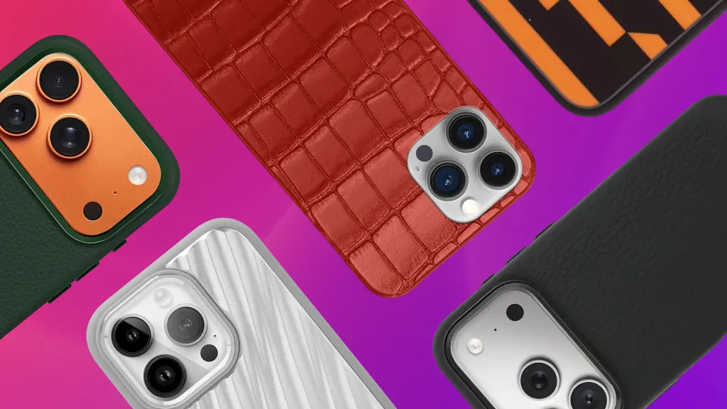 Product image of multi-color phone cases in leather, crocodile skin, and aluminum