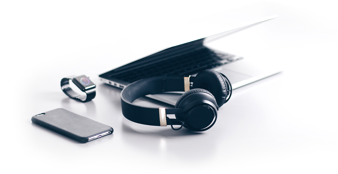 Laptop, phone, smart watch and headphones
