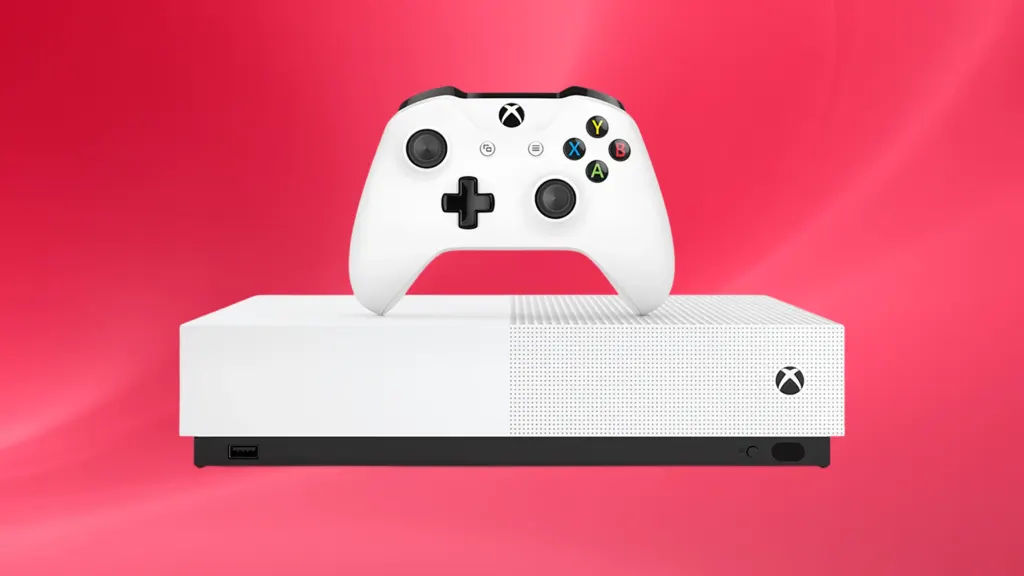 Product image of a white Xbox One on a red background