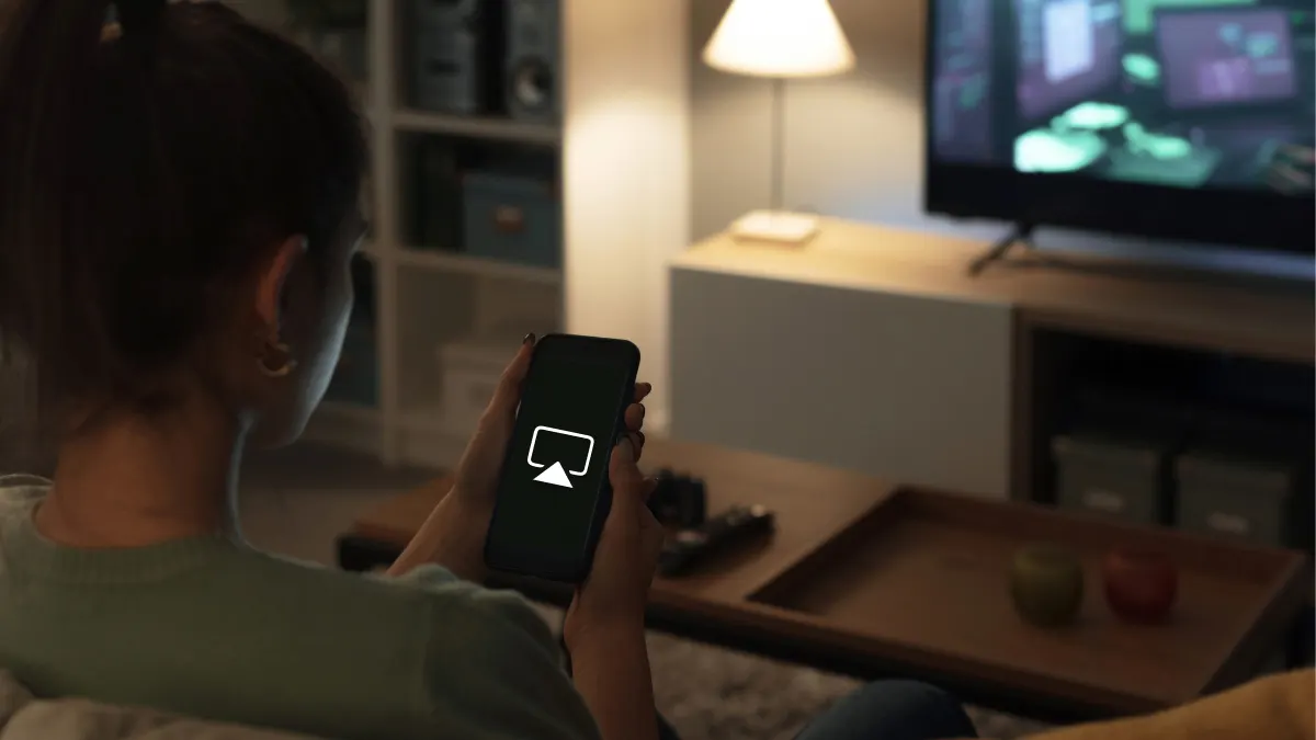 Woman AirPlaying/smartphone screen mirroring on Roku