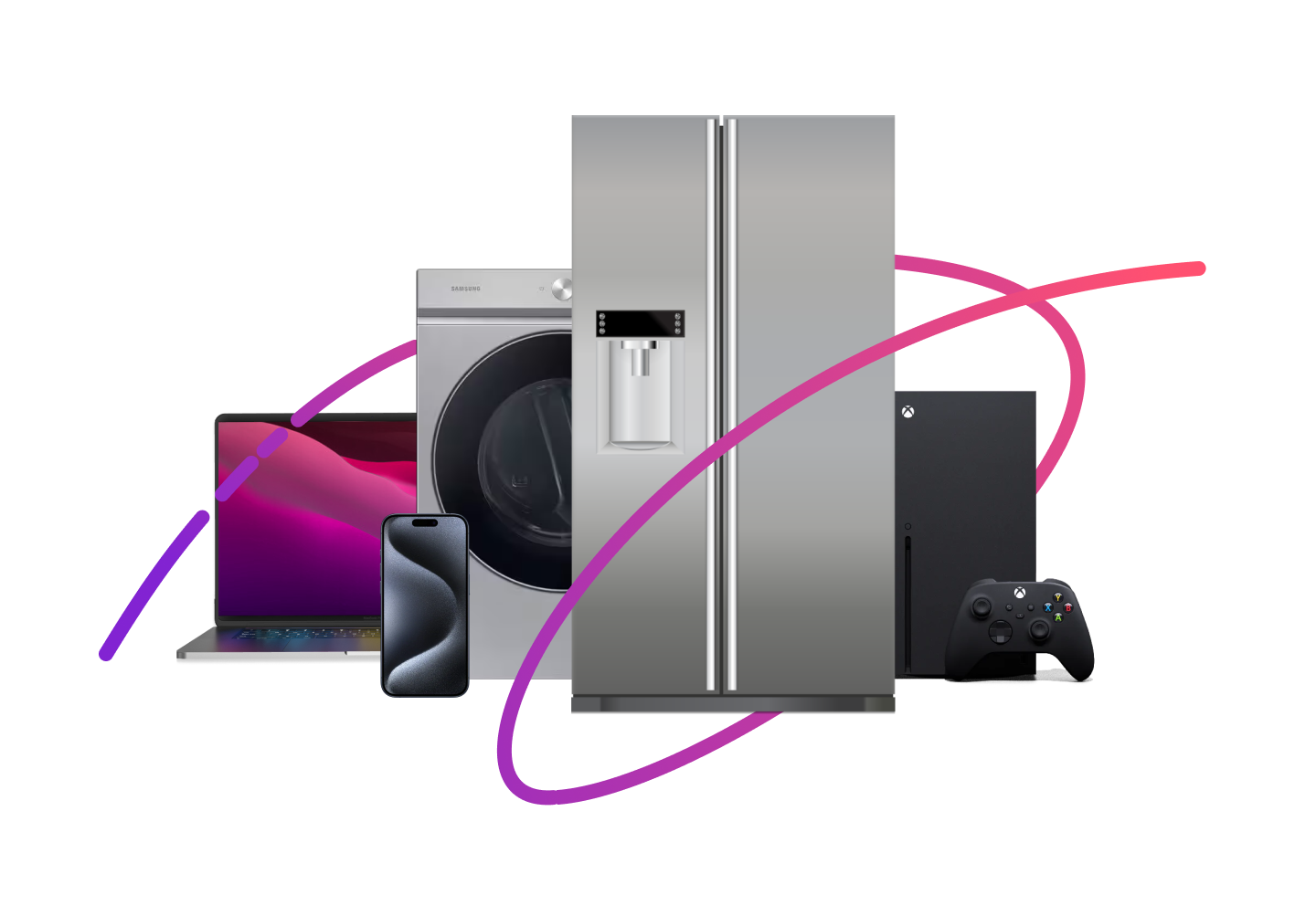 Refrigerator, washer, phone, laptop, game console