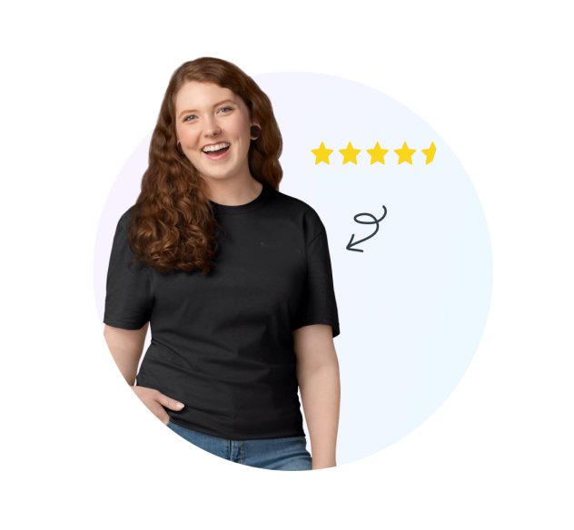 Smiling woman with five-star rating graphic indicating positive customer satisfaction.