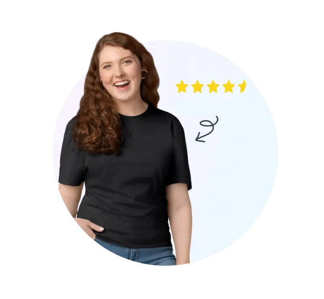 Smiling woman with five-star rating graphic indicating positive customer satisfaction.