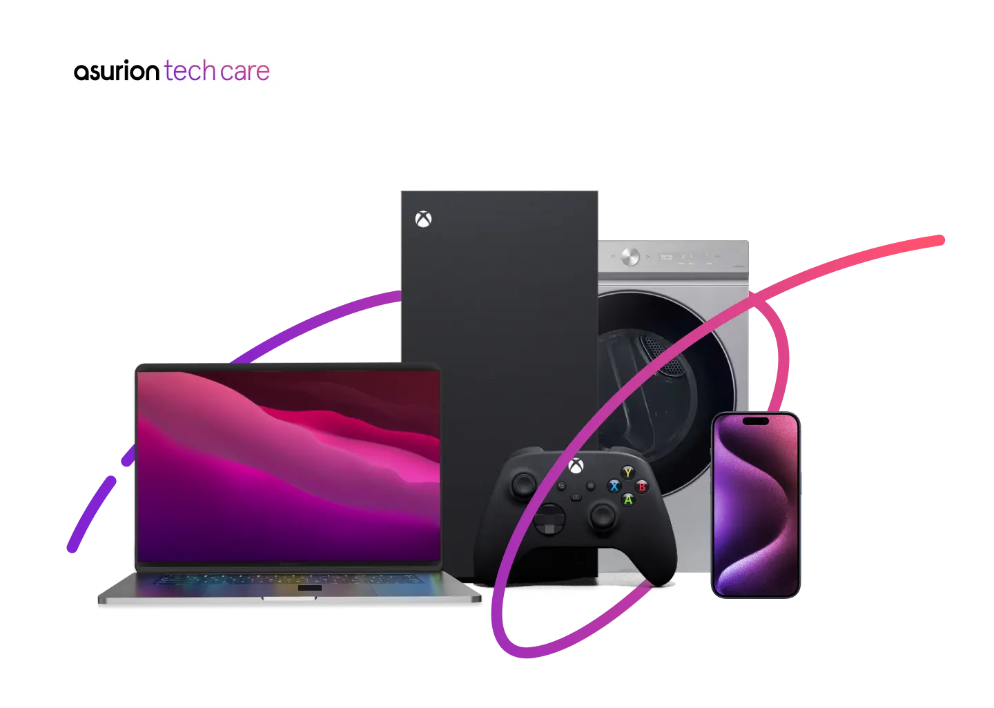 asurion tech care. Image of laptop, xbox, washing machine and phone wrapped in a ribbon indicating coverage for all types of devices.