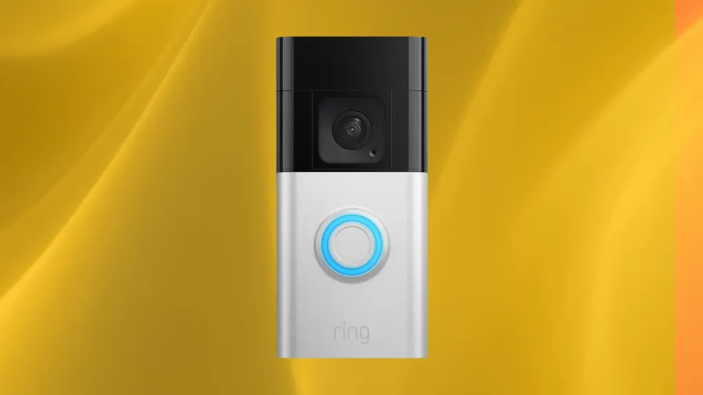 Ring camera product image on a yellow background