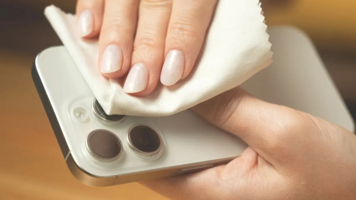 Woman cleaning camera to fix blurry iPhone camera