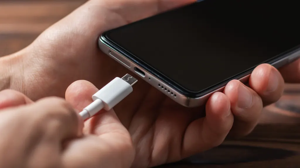 Close-up of hands holding an iphone and plugging in a charging cord