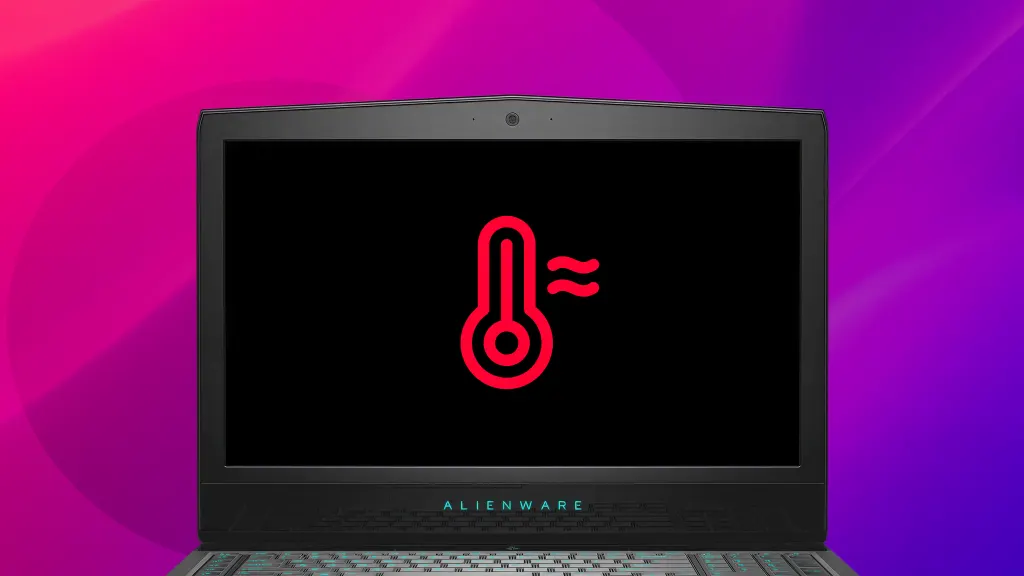 Product image of Alienware laptop with red overheating icon on the screen