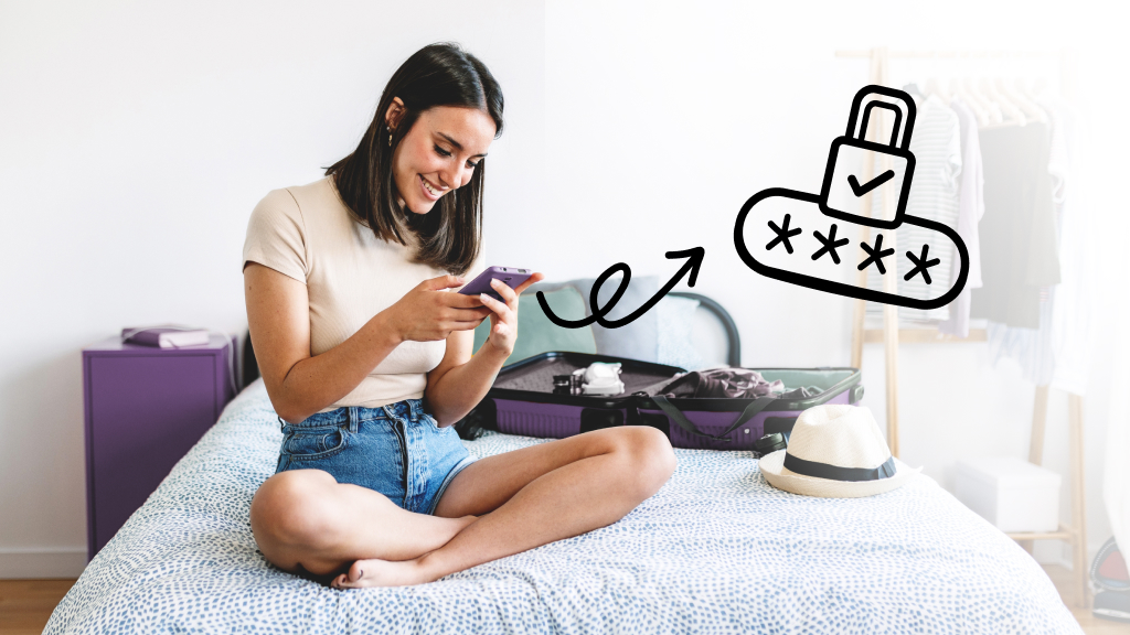 Woman in Airbnb looking at phone to protect data