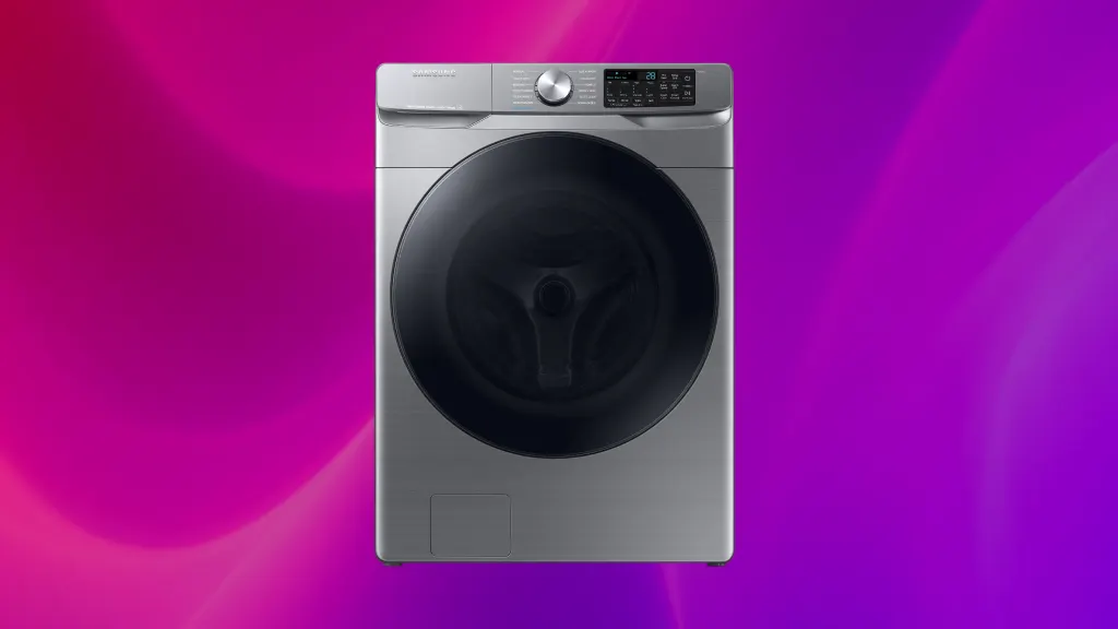 Isolated product image of a silver Samsung washing machine on a purple background