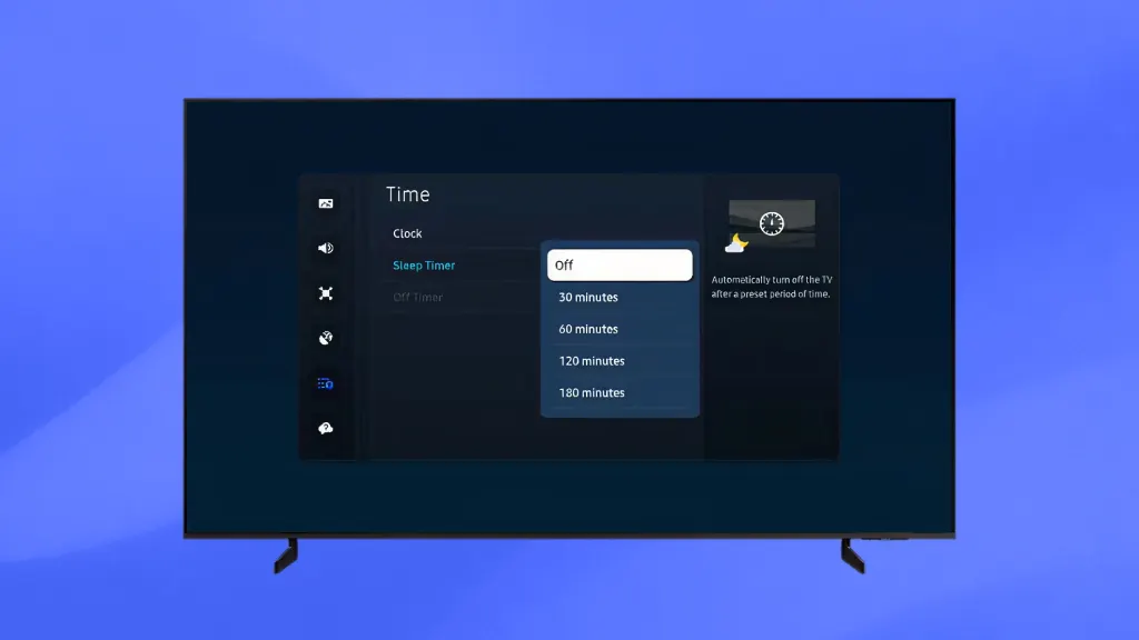 Product image of Samsung TV with the user inferface showing the sleeptimer option
