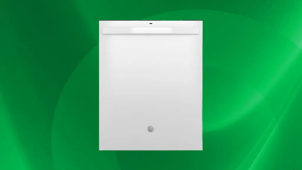 Isolated product image of a silver GE dishwasher on a green background