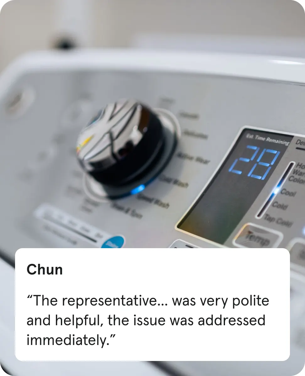 Washing machine control panel showing 28 minutes; testimonial from Chun praising polite, immediate service.
