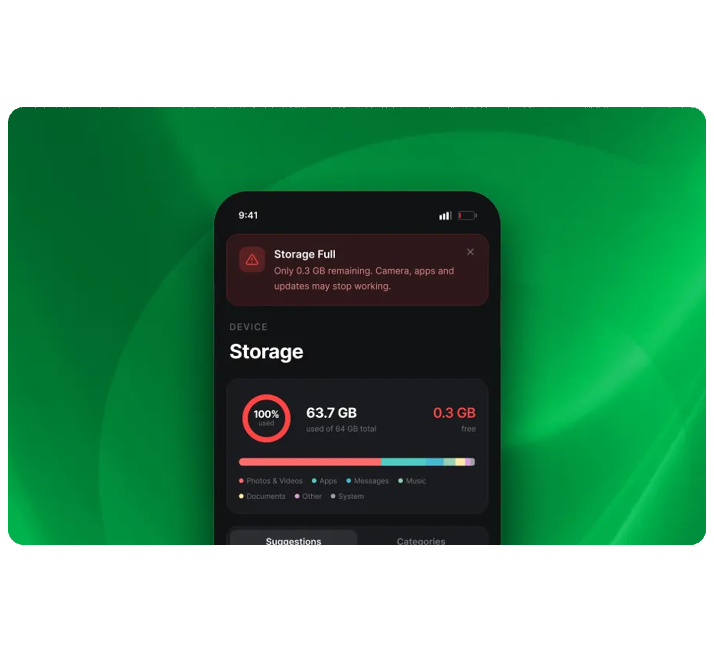 Phone showing full storage
