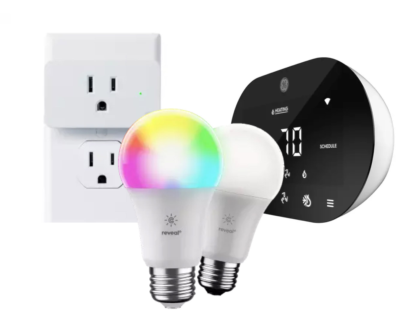 GE smart light bulbs, smart plug, and thermostat