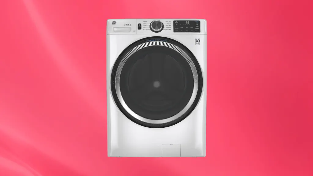Isolated product image of a GE washine machine on a red background