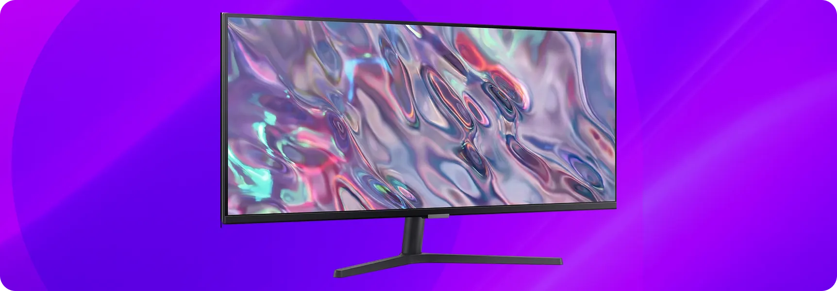 Curved ultrawide monitor with abstract display on a purple background