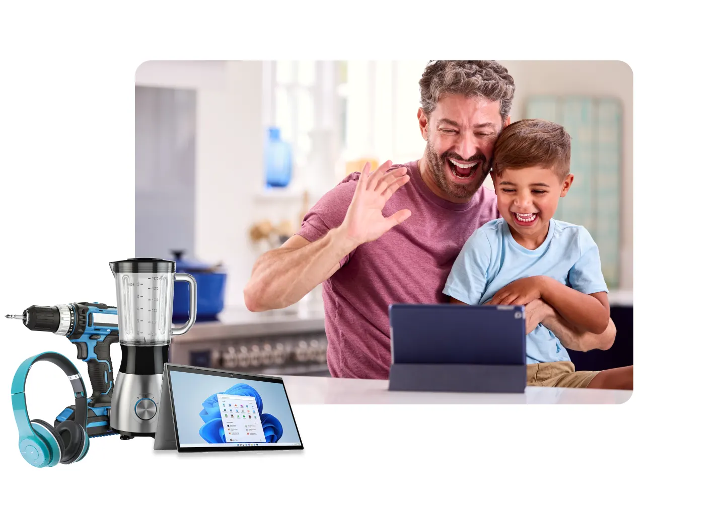 father and son waving on video call