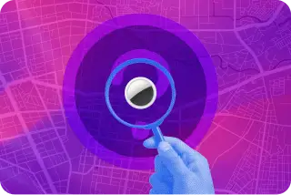 Apple AirTag being located on a digital map with magnifying glass graphic.