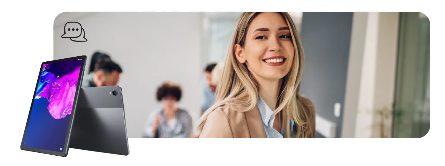 woman smiling holding tablet collage hero