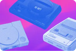 Retro gaming consoles on a gradient background.