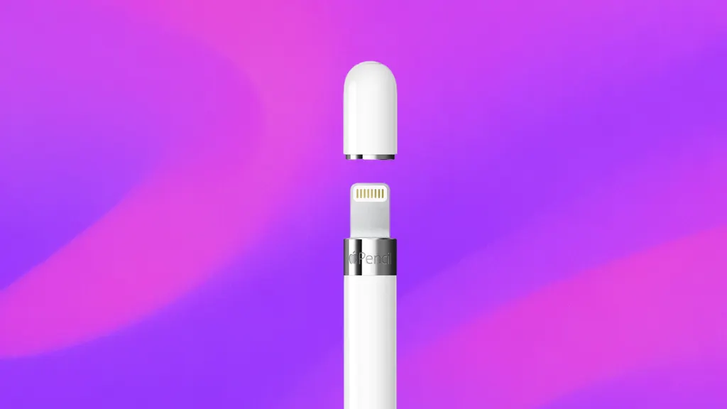 Close-up product image of an Apple Pencil with the cap removed to show the charging port