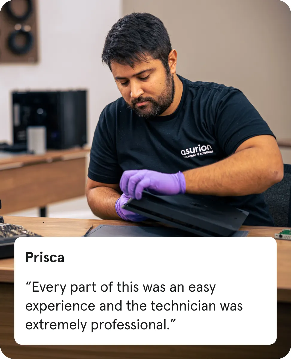 Technician wearing gloves repairs a device at a table; testimonial from Prisca praising an easy, professional experience.