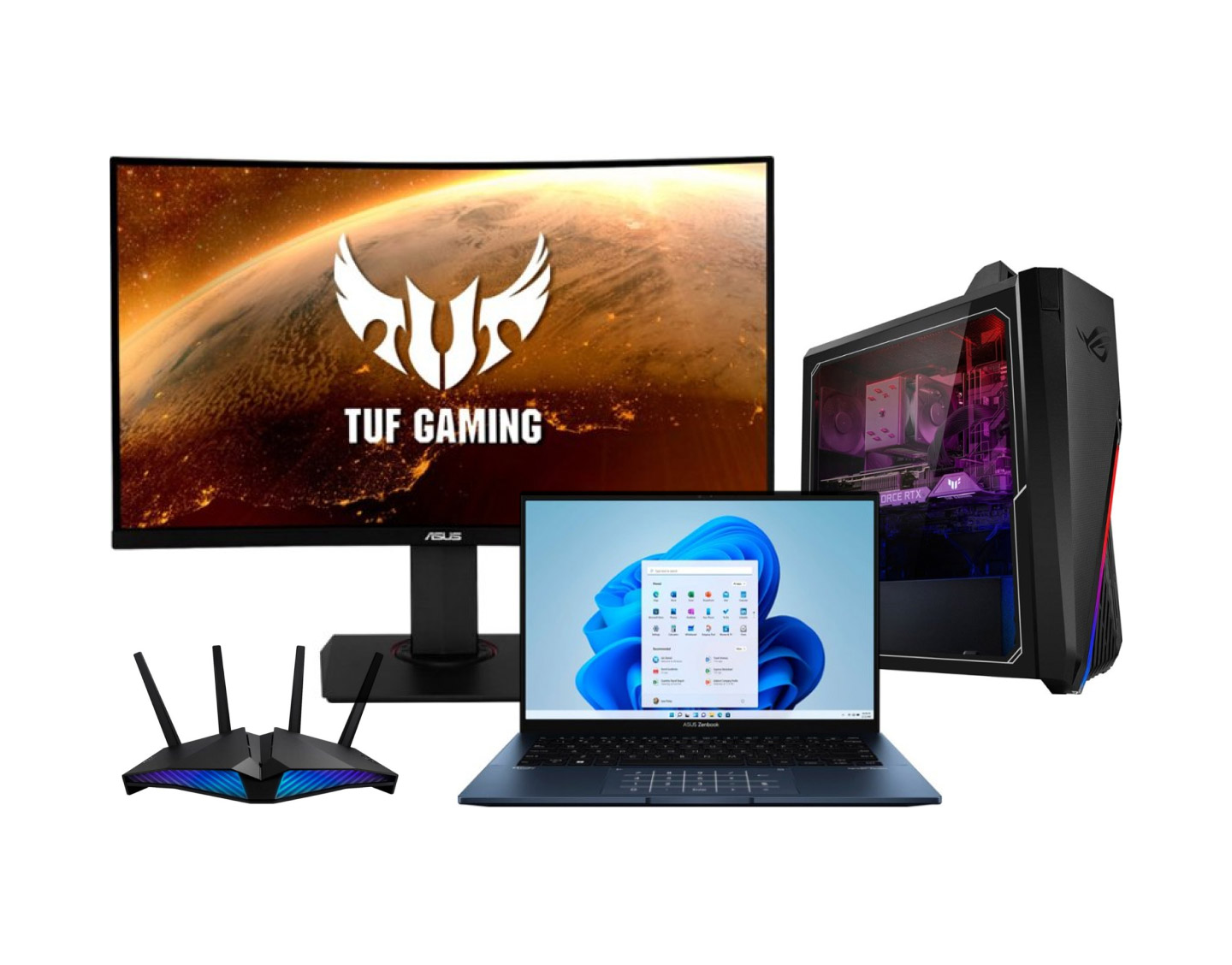 ASUS laptop, desktop, monitor, and router