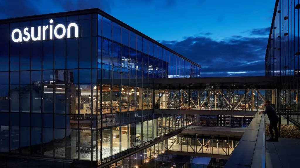 Asurion's Gulch headquarters photographed at night