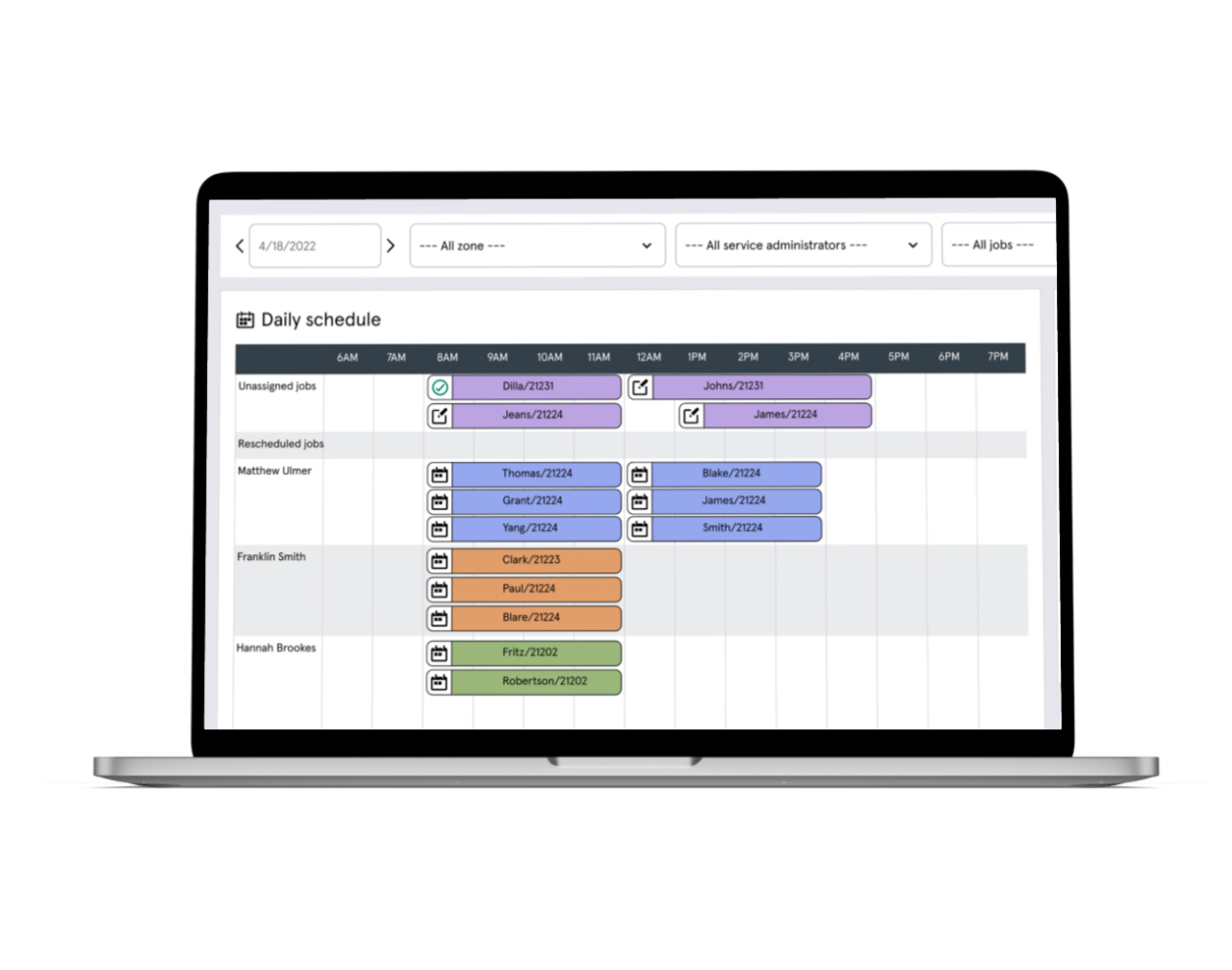 Daily schedule page of ServiceBench