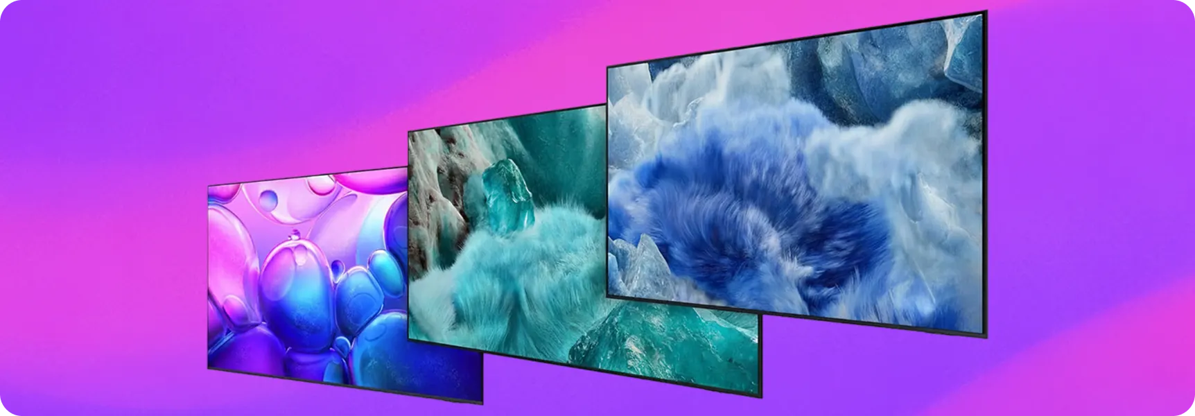 Multiple flat screen TVs displaying vivid images on a purple background.
