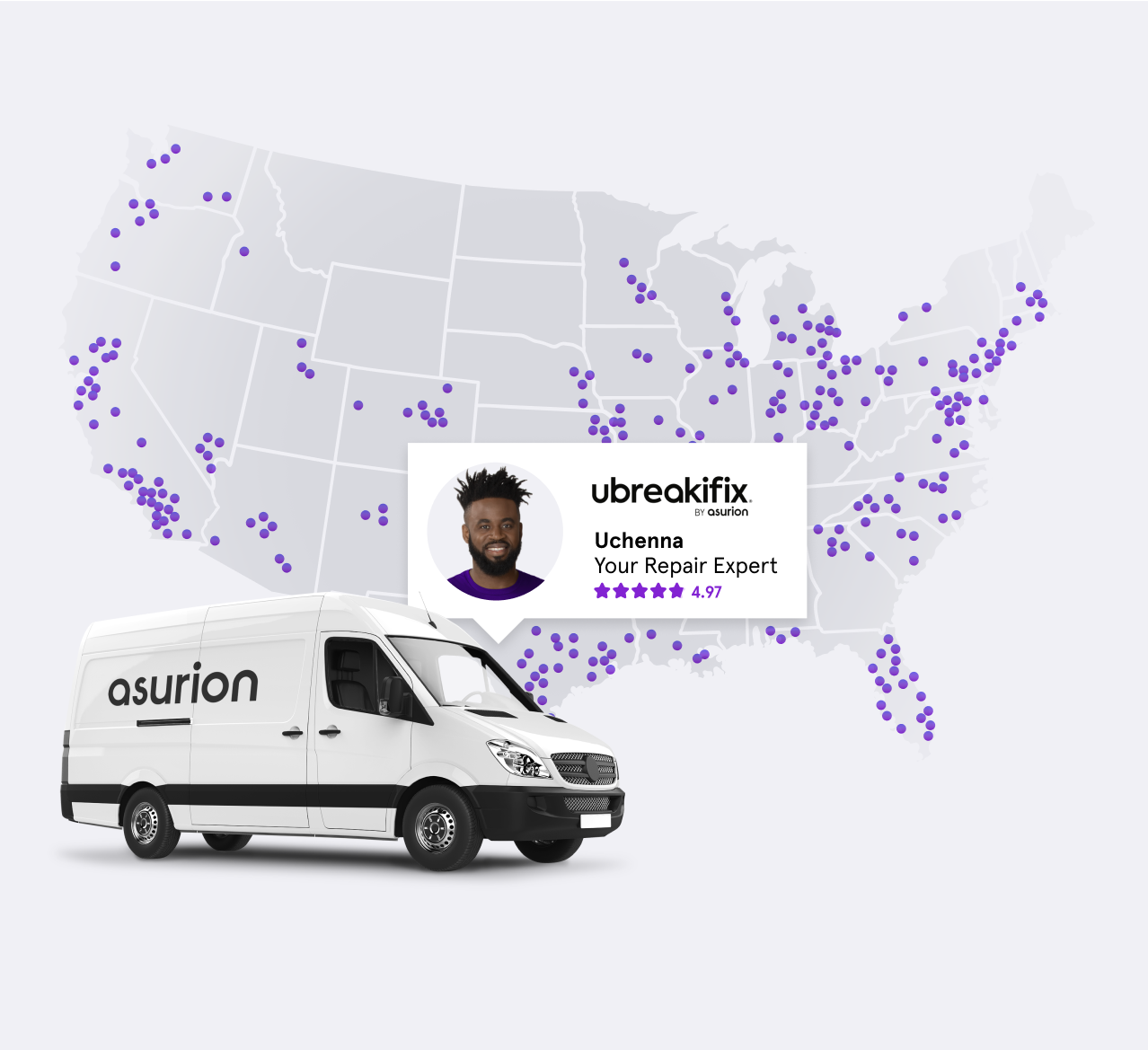 Asurion and uBreakiFix store locations, experts and mobile services with gray background