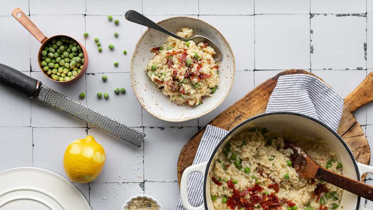 Risotto with Sweet Onion, Peas and Prosciutto