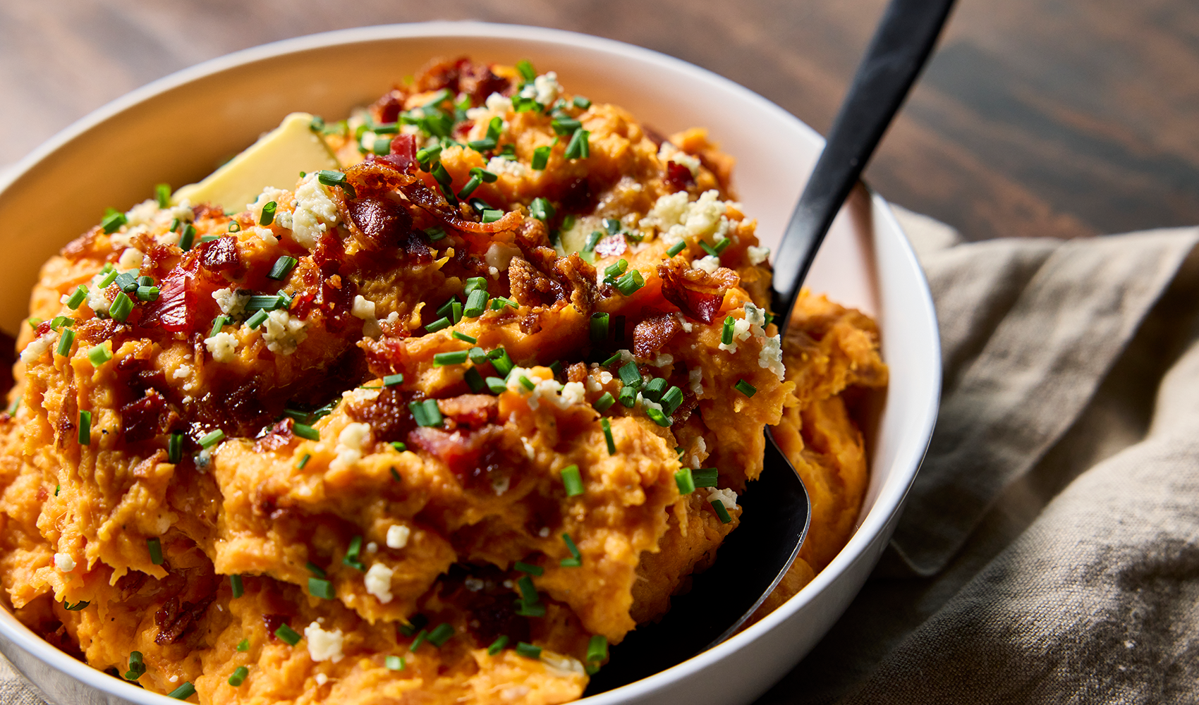 Mashed Sweet Potatoes with Bacon and Blue Cheese