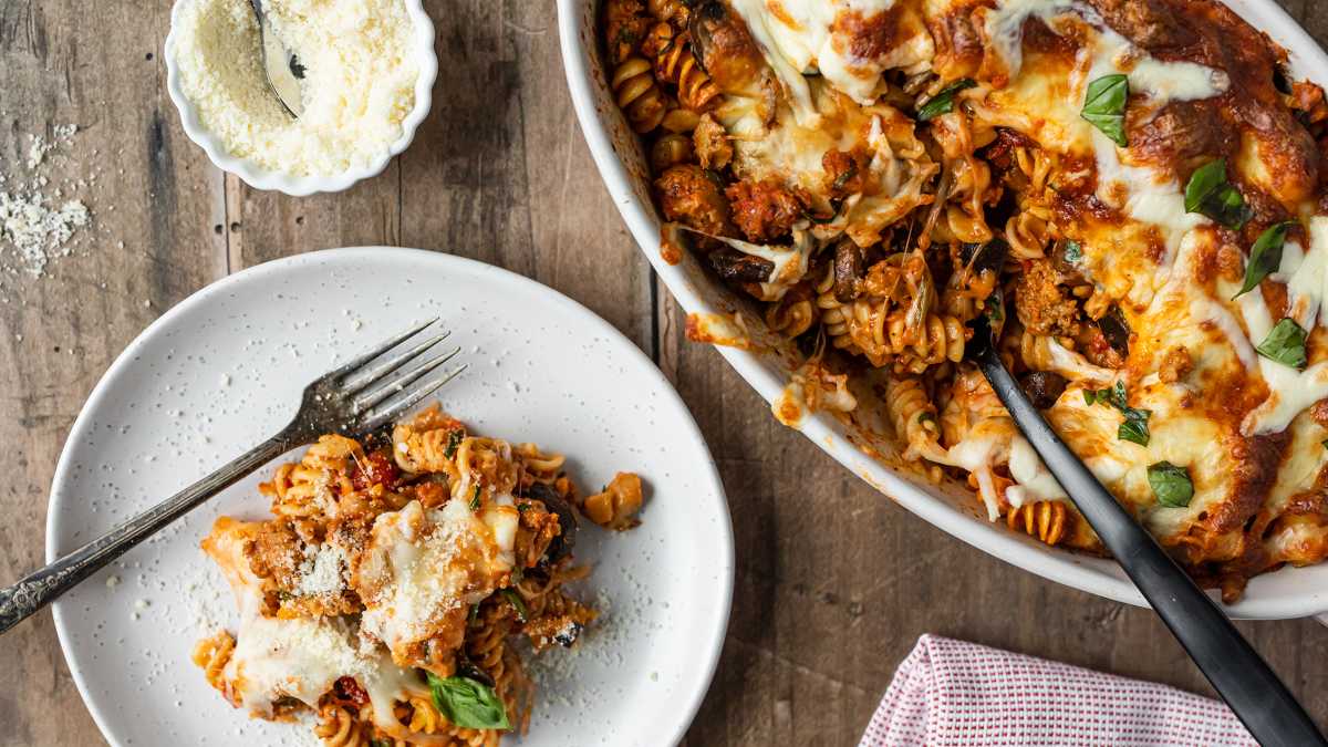 Baked Pasta with Vegetarian Sausage and Arrabbiata Sauce